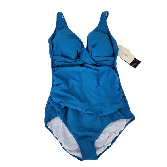 NEW GOTTEX Profile One Piece Swimsuit Size 16 Surplice Cut Peacock Blue Bright - Picture 1 of 6